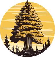 A majestic evergreen tree stands tall against a sunset sky, creating a powerful and evocative logo design vector