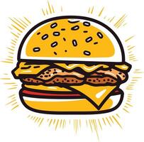 A cartoon style illustration of a juicy hamburger with cheese, lettuce, and tomato, with a bright yellow background vector
