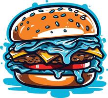 A cartoon burger with dripping sauce, perfect for restaurant menus, social media, and branding vector