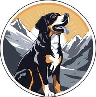 A majestic bernese mountain dog sits against a backdrop of snow-capped mountains, perfect for branding or design projects related to dogs, nature, and outdoor adventures vector