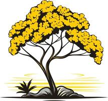 A stylized illustration of a tree with yellow leaves and a winding trunk, set against a sunset backdrop vector