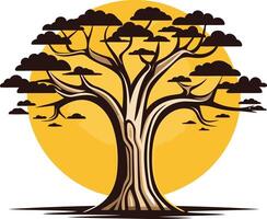 A stylized illustration of a large tree with a sun behind it, perfect for environmental and nature-themed designs vector