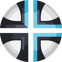 Abstract geometric logo design with a circular shape, black and white color scheme, and a single blue accent vector