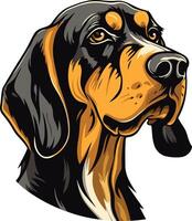 A detailed and expressive portrait of a black and tan coonhound, perfect for pet lovers, hunters, and dog breed enthusiasts vector