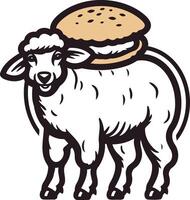 A whimsical illustration of a happy sheep carrying a burger on its back vector