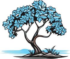 A stylized illustration of a blue tree with a thick trunk and gnarled branches, representing growth, resilience, and the beauty of nature vector