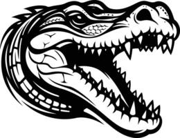 A fierce and detailed black and white illustration of a crocodile's head with its mouth open wide, showcasing sharp teeth and a powerful expression vector