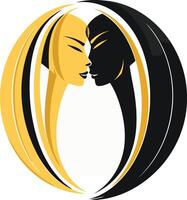 Abstract logo design featuring two stylized female faces in a circle, representing harmony and duality vector