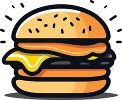 A cheerful cartoon burger with cheese, meat, and sauce, perfect for fast food branding, social media posts, or restaurant menus vector