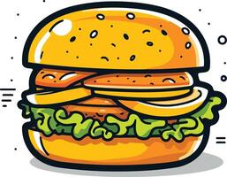 A cartoon illustration of a juicy burger with lettuce, tomato, and onion, perfect for menus, branding, and social media vector