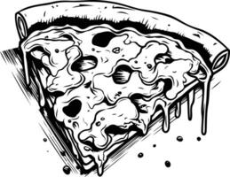 Black and white illustration of a melting pizza slice, perfect for t-shirt designs, food blogs, or any project that needs a fun, edgy touch vector