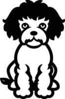 Adorable black and white illustration of a small, fluffy dog sitting with a friendly expression vector