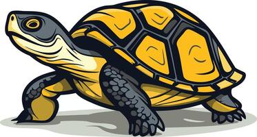 A cheerful cartoon turtle with a yellow shell and black markings walks forward on a white background vector