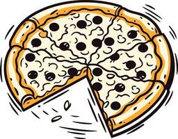 A cartoon illustration of a delicious pizza with a slice missing, perfect for menus, food blogs, and social media posts vector