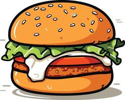 A cartoon burger with a sesame seed bun, lettuce, tomato, cheese, and a meat patty vector