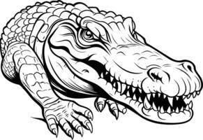 A fierce and detailed black and white illustration of an alligator with its mouth open in a menacing growl vector