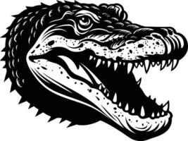 A fierce, detailed black and white illustration of an alligator's head, with its jaws open wide and sharp teeth bared vector