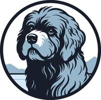 A charming illustration of a newfoundland dog, looking directly at the viewer, framed in a circular design with a mountain backdrop vector
