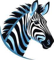 Striking zebra head logo design, featuring a bold black and white pattern with a unique blue accent vector