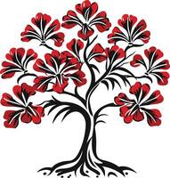 A stylized tree with red flowers and black branches, symbolizing growth, nature, and life vector