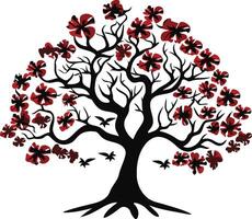 A stylized tree with red blossoms and birds in flight, symbolizing growth, beauty, and freedom vector
