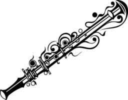 A stylish black and white illustration of a clarinet with intricate swirling details, perfect for music-themed designs vector