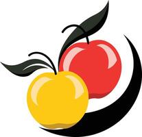 A colorful and playful logo design featuring two apples, one red and one yellow, intertwined with a black crescent shape vector