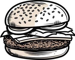 A classic hand-drawn illustration of a juicy burger with cheese, lettuce, and onion vector