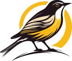 A stylized illustration of a bird with yellow and black plumage, set against a yellow sunburst vector