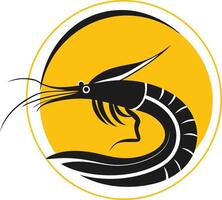 A stylized black shrimp design in a yellow circle, perfect for seafood restaurants, brands, and packaging vector