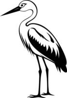Black and white line art illustration of a graceful stork vector