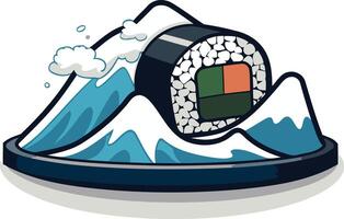 A playful and colorful illustration of a sushi roll nestled in a mountain range resembling mount fuji, perfect for branding, social media, or merchandise vector