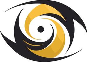 A stylized eye with a swirling vortex in the center, designed in black and gold vector