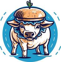 A playful and quirky illustration of a cow wearing a hamburger bun as a hat vector