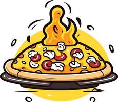 A playful cartoon illustration of a pizza with a fiery, cheesy topping, perfect for menus, branding, and social media vector