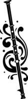 A stylized black and white illustration of a flute with intricate floral design vector