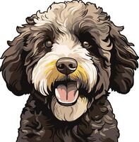 A friendly and playful doodle dog with brown and white fur, looking directly at the viewer with a happy expression vector