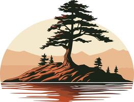 A solitary tree stands tall on a small island, surrounded by water and mountains vector
