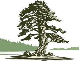 A majestic, stylized evergreen tree stands tall on an island, evoking a sense of strength and resilience vector
