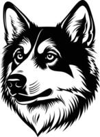 A striking black and white illustration of a wolf's head, capturing its powerful presence and watchful gaze vector