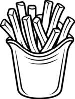 A simple black and white illustration of a container of french fries, perfect for coloring pages, educational materials, or as a fun icon vector