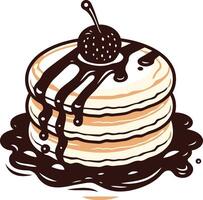 A delicious stack of pancakes topped with a cherry and drizzled with chocolate syrup vector