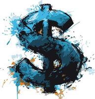 A bold, hand-drawn dollar sign rendered in a dynamic, abstract style with blue and orange watercolor splatters vector