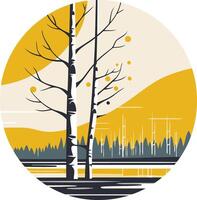 Minimalist, stylized illustration of two birch trees in a circular frame, with a yellow sunset and forest in the background vector