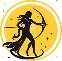 A bold and stylish silhouette of a woman with a bow and arrow, representing strength and determination, perfect for branding, social media, or website design vector