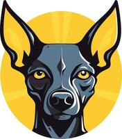 Cool and stylish logo featuring a black chihuahua with a yellow sunburst background vector