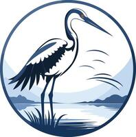 A stylized heron standing in a lake with mountains in the background, perfect for nature-themed logos, branding, or environmental organizations vector