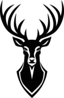 A bold, black and white illustration of a deer head with large antlers vector