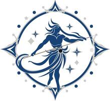 A captivating logo design featuring a celestial figure holding a spear, encircled by a star-studded compass vector