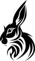A striking black and white tattoo design of a rabbit's head, featuring tribal-inspired patterns and a fierce expression vector